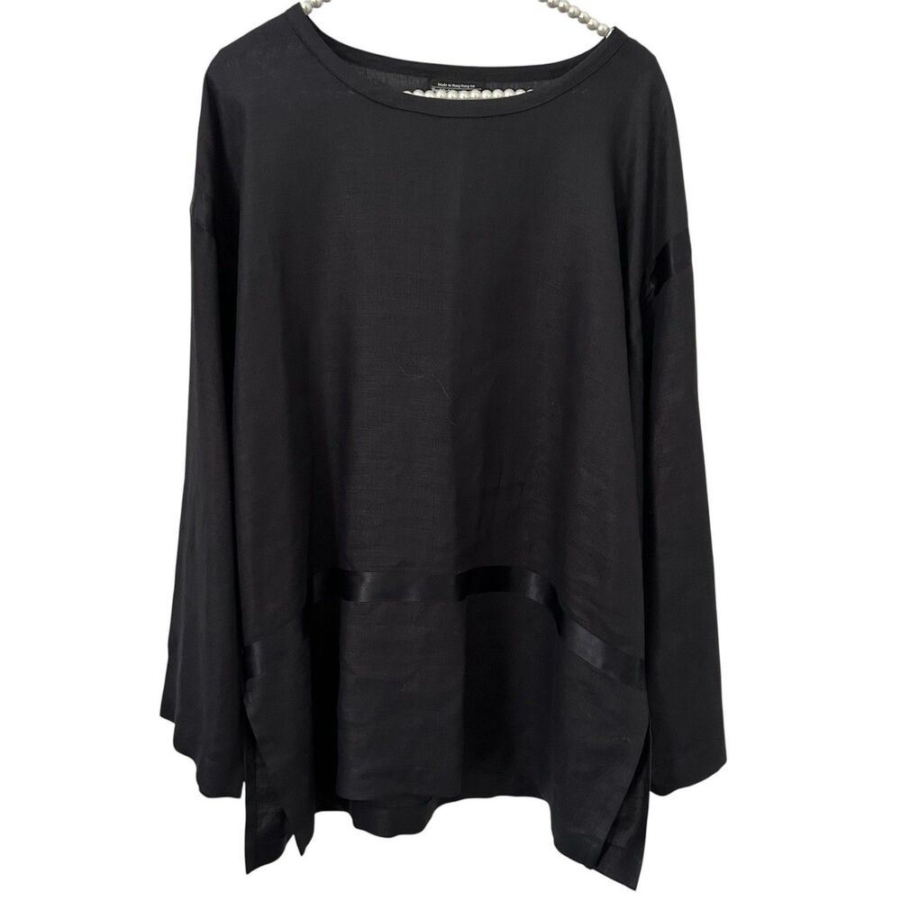 J Peterman Company Blouse Womens Large Black Linen Silk Trim Vintage Office